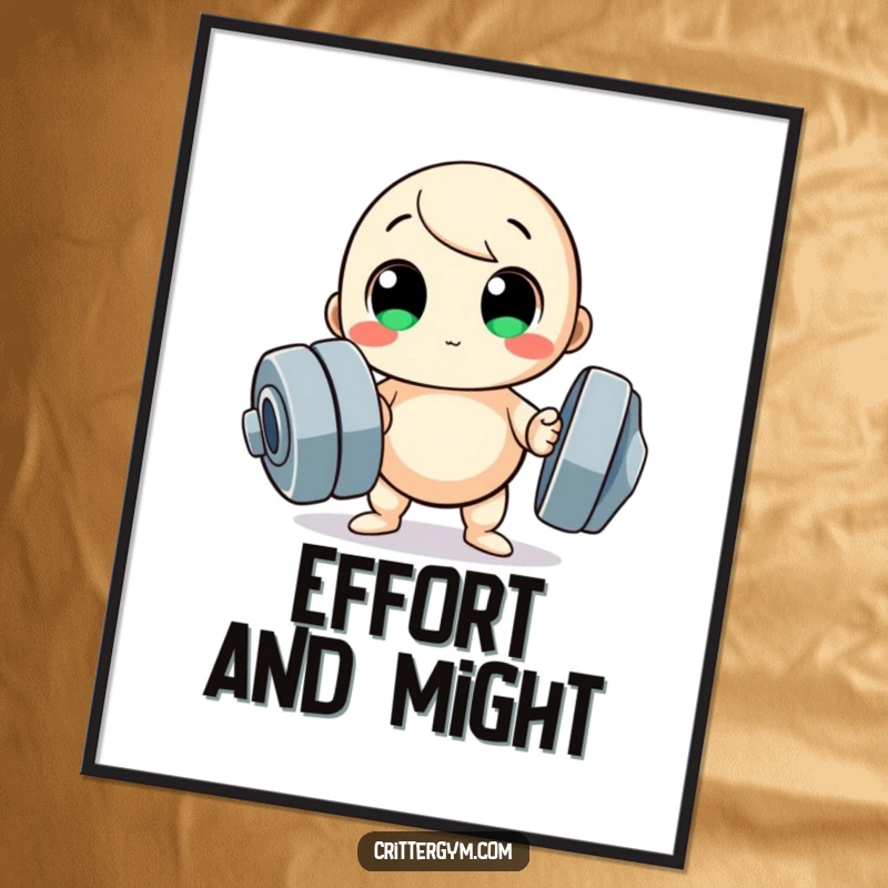 Funny digital art print, small round character trying to lift a huge dumbbell, instant decor.