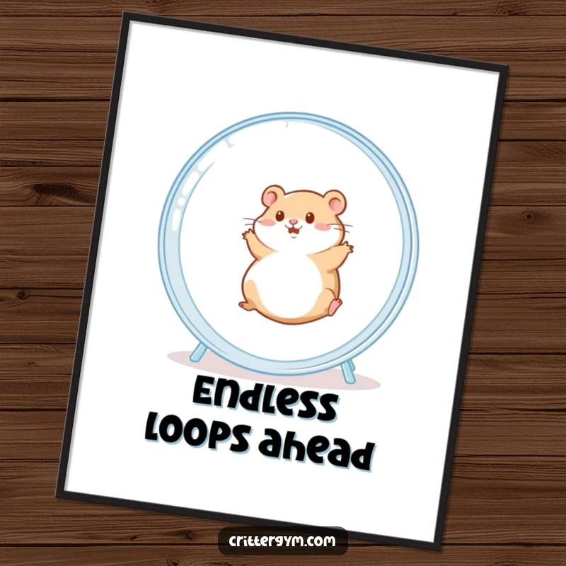 Funny digital art print of a chubby hamster gleefully spinning inside a giant hamster wheel, a vibrant and amusing illustration.