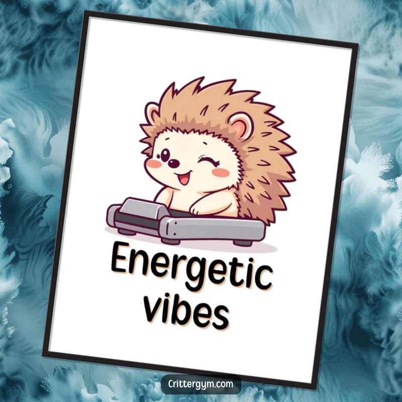 Funny hedgehog digital art print of a tiny character with a huge grin using a miniature treadmill, quills jiggling.