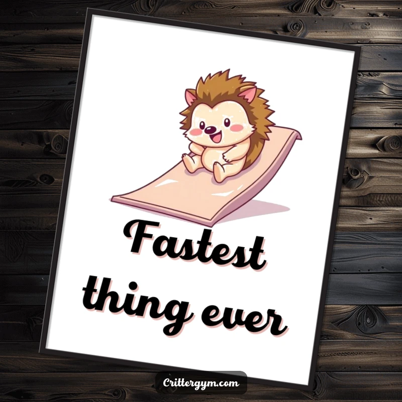 Funny happy hedgehog rolling down a slippery slide on a gym mat, available as a digital art print, a funny gift.