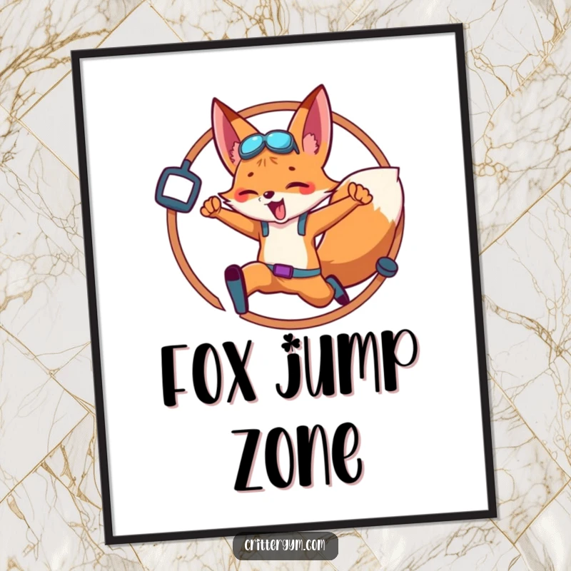 Funny Fox Digital Art Print: An energetic fox leaps through a hoop decorated with gym equipment, capturing fitness excitement.