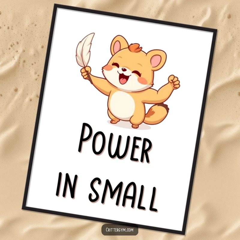 Funny Art Print: A small animal character joyfully flexes a tiny, muscular arm after lifting a feather, a humorous strength scene.