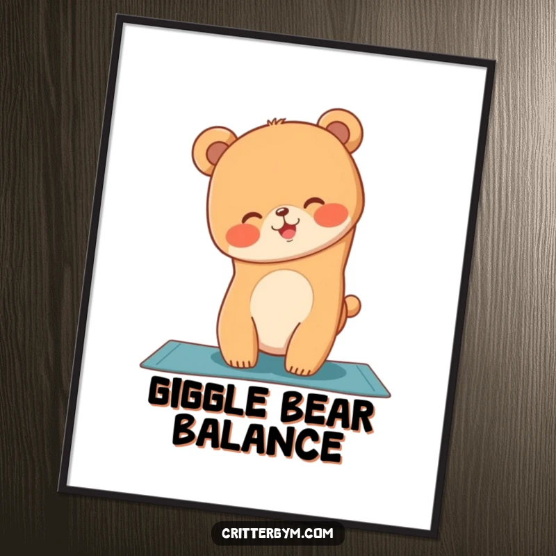 Funny digital art print for download, showing a giggling bear cub attempting a yoga handstand on a mat.