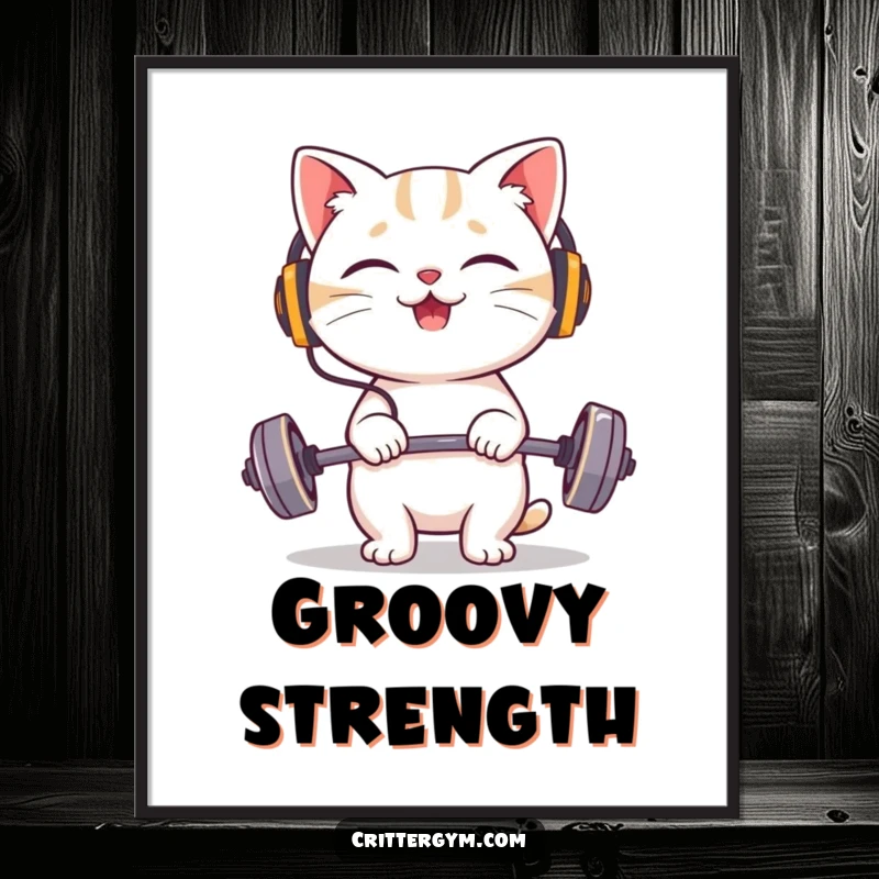 Funny cat digital art print of a giggling character wearing tiny headphones, happily lifting a very small barbell.