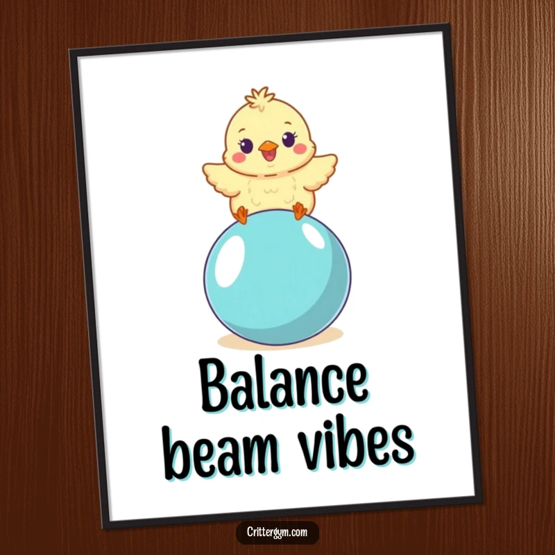 Funny high-resolution digital art of a fluffy chick wobbling with delight while balancing on a yoga ball, ready to print.