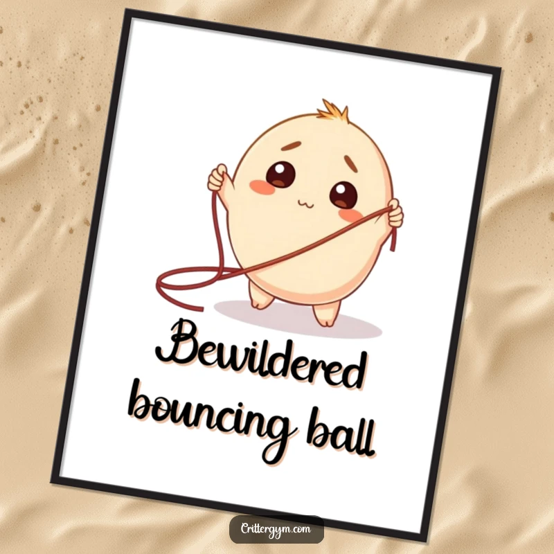 Funny Digital Art Print: A round creature looking pleasantly bewildered while attempting to use a giant jump rope.