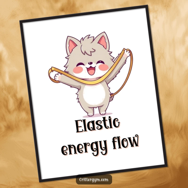 Funny Digital Art Print: A furry character gleefully stretching with a resistance band, showcasing humorous fitness.