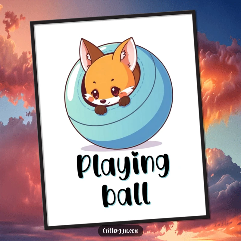 Funny digital art print of a curious fox peeking from behind a large, colorful exercise ball, witty and humorous illustration.
