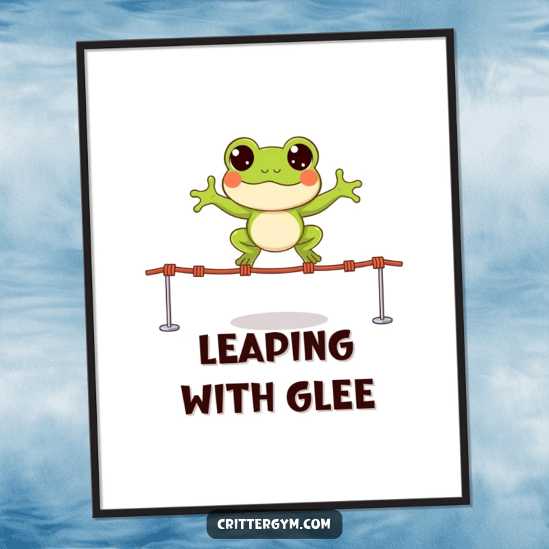 Funny digital art print of a small, happy frog character leaping over tiny jump ropes with wide, excited eyes, full of life.