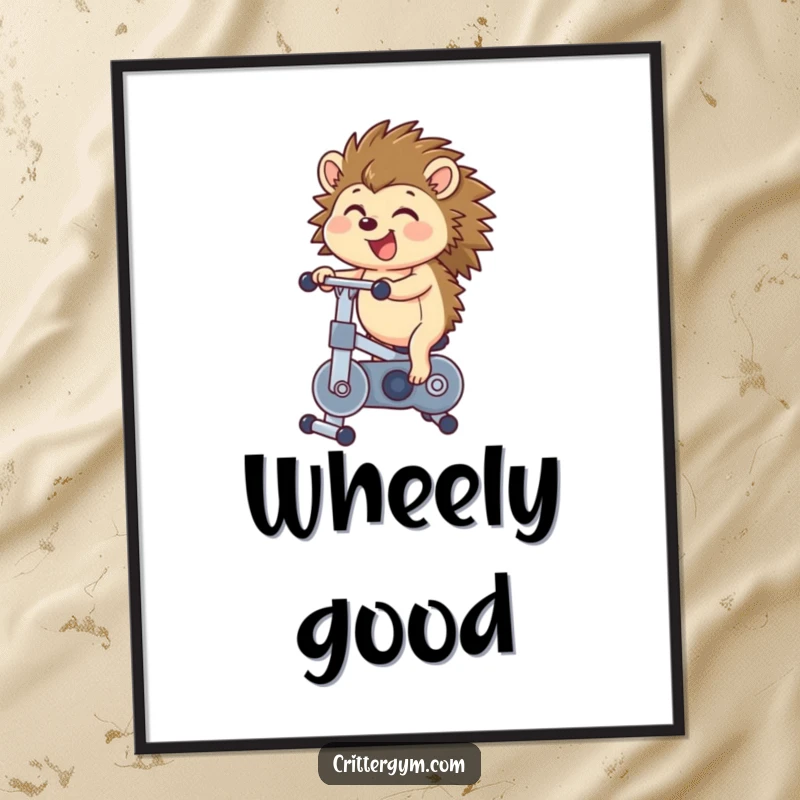 Funny hedgehog digital canvas art capturing a happy hedgehog bouncing energetically on a miniature exercise bike, symbolizing pure fitness fun.