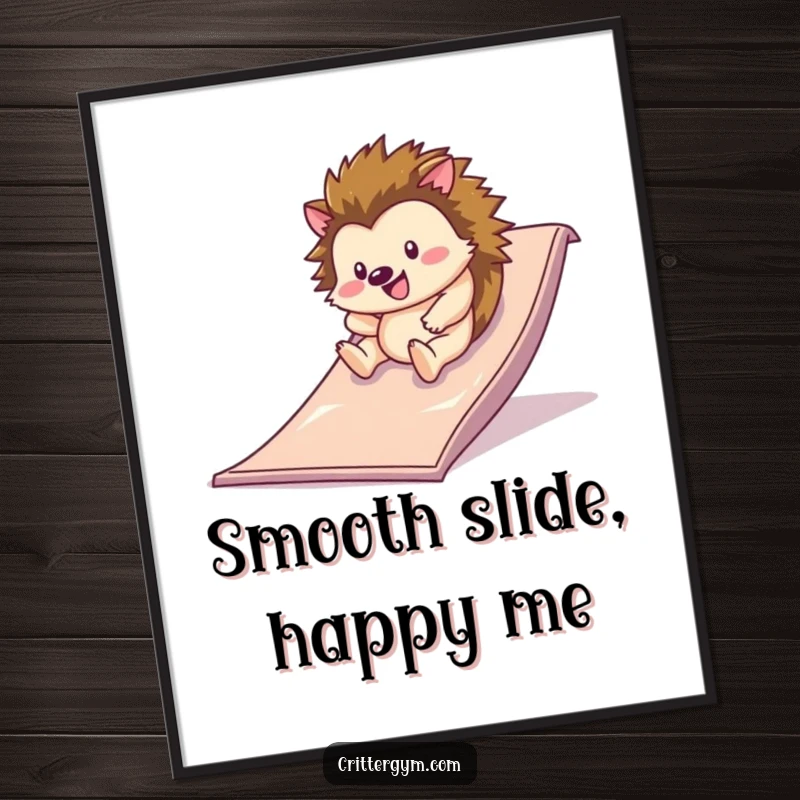 Funny digital art print of a happy hedgehog rolling down a slippery slide on a gym mat, capturing a humorous moment of pure joy.