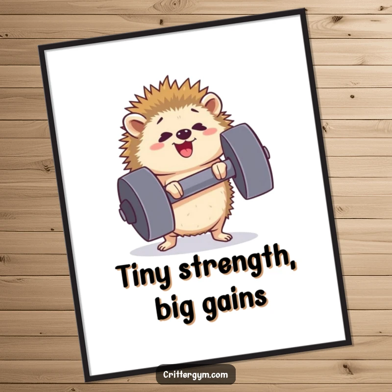 Funny determined hedgehog digital art print lifting a comically large dumbbell, showing effort and happiness, perfect for motivational printable wall art, great for a gift.
