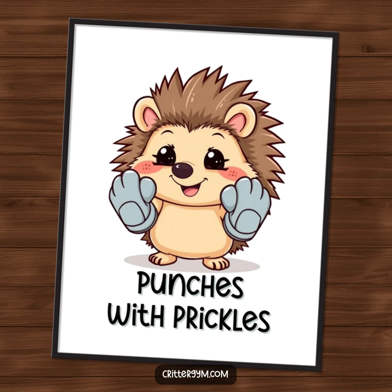 Printable funny digital art of a smiling hedgehog trying on oversized workout gloves, ready to hang.
