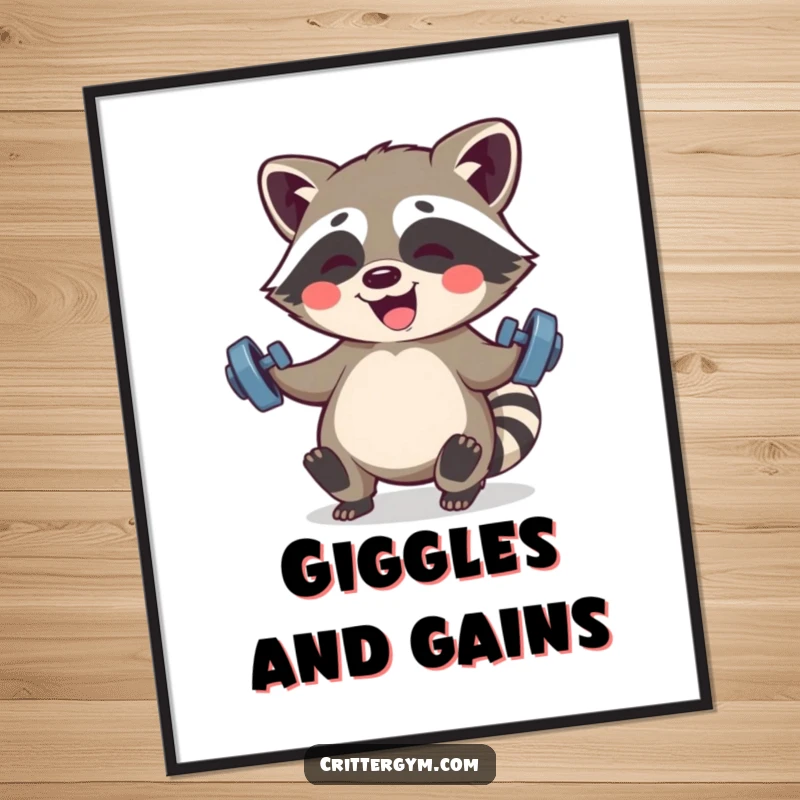Funny Kawaii raccoon character giggling while playfully lifting small barbells, presented as a strong and funny digital art print.