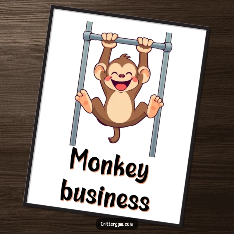 Funny monkey digital art print, a mischievous monkey hanging upside down from a pull-up bar, instant playful decor.