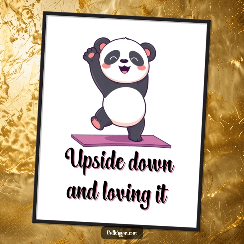 Funny panda bear doing a handstand on a yoga mat, captured in a vibrant digital art print.