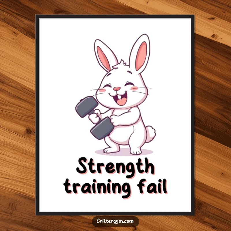 Funny rabbit gym digital art print showing a smiling rabbit character comically failing to lift a tiny dumbbell, for instant humor.