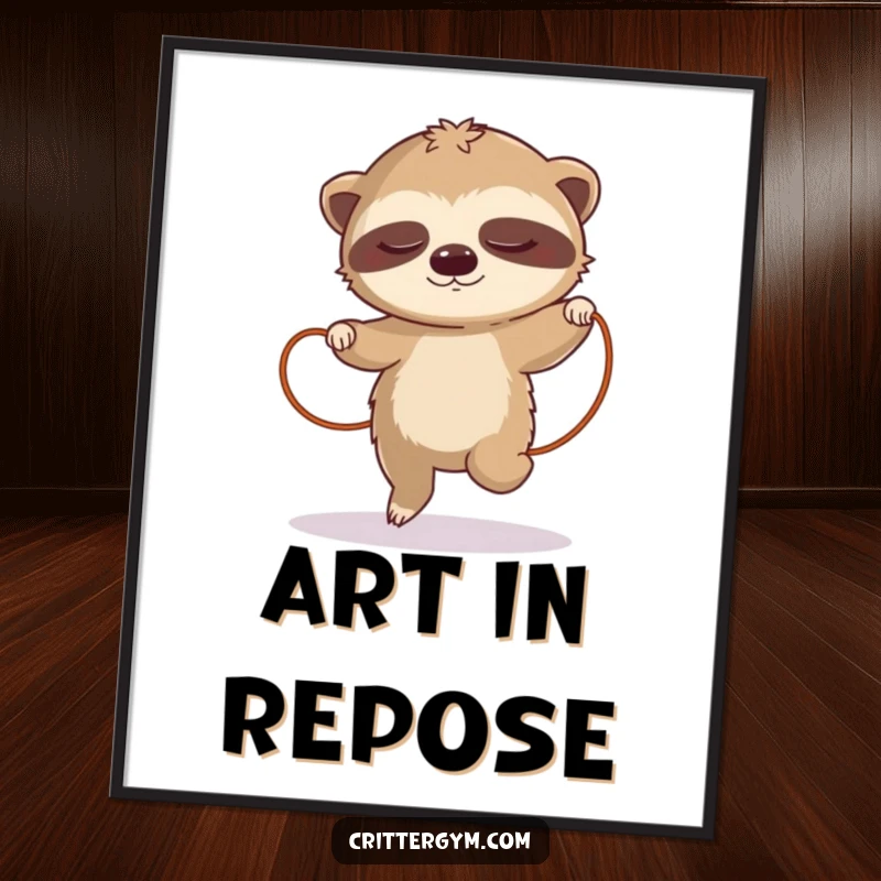 Funny sloth digital art print, a sleepy sloth attempting jump rope in slow motion, downloadable humor.