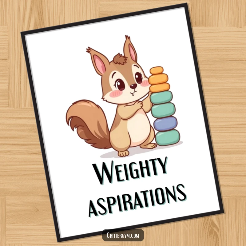 Funny digital art print of a curious squirrel character looking surprised while attempting to lift a comically large stack of tiny weights.