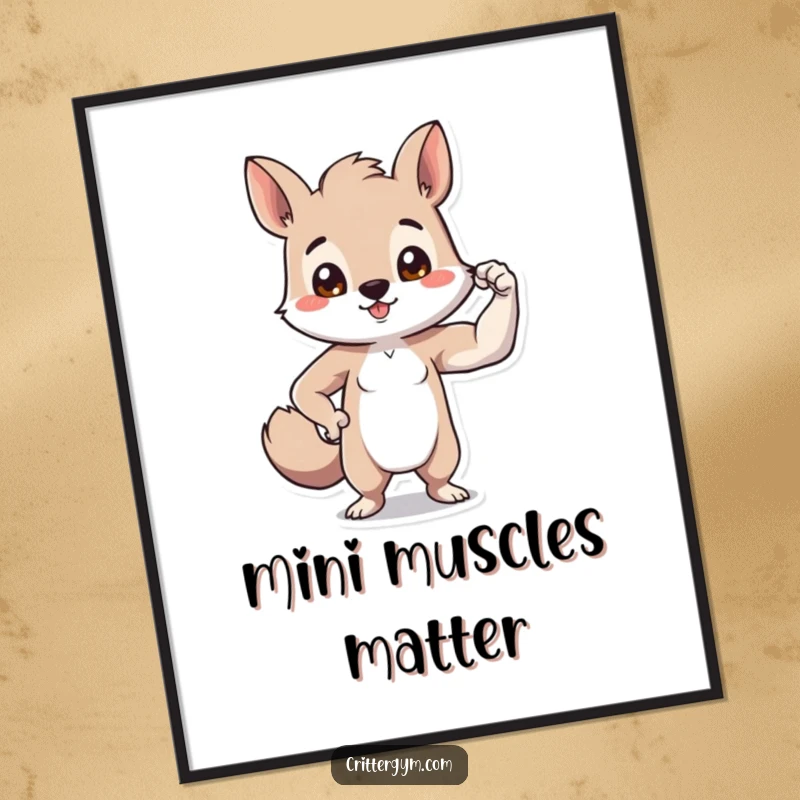 Funny tiny bicep animal digital art print of a small creature proudly flexing a comically small bicep, ready to inspire smiles.
