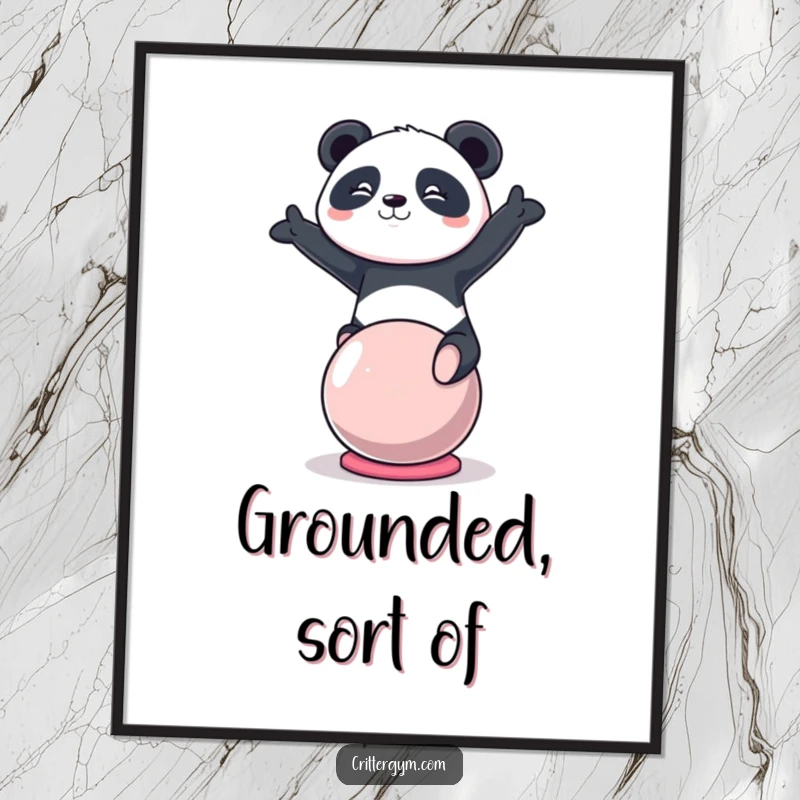 Funny kawaii panda character balancing on a yoga ball, as a printable digital art file, perfect funny gift.