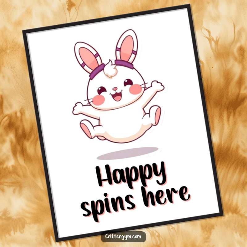 Funny high-resolution digital art of a cheerful bunny in sweatbands doing a cartwheel with a big smile, ready to print.