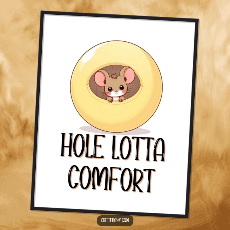 Funny curious mouse peeking from a large deflated exercise ball, available as a digital art print, a funny gift.