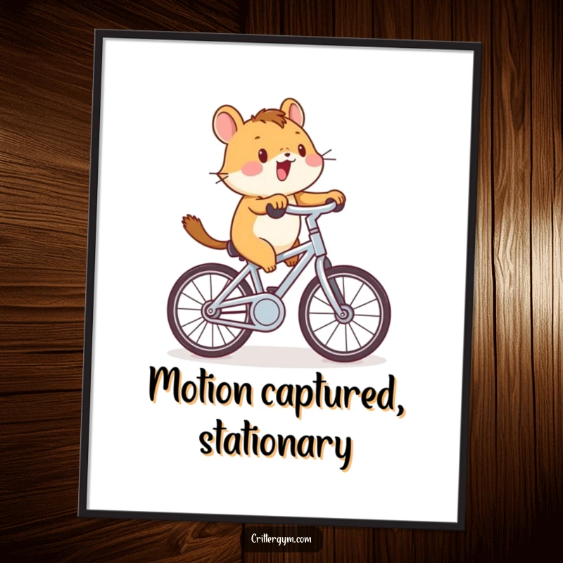 Funny critter cycling digital art print of a small creature enthusiastically pedaling a tiny stationary bicycle, ready to add energy.