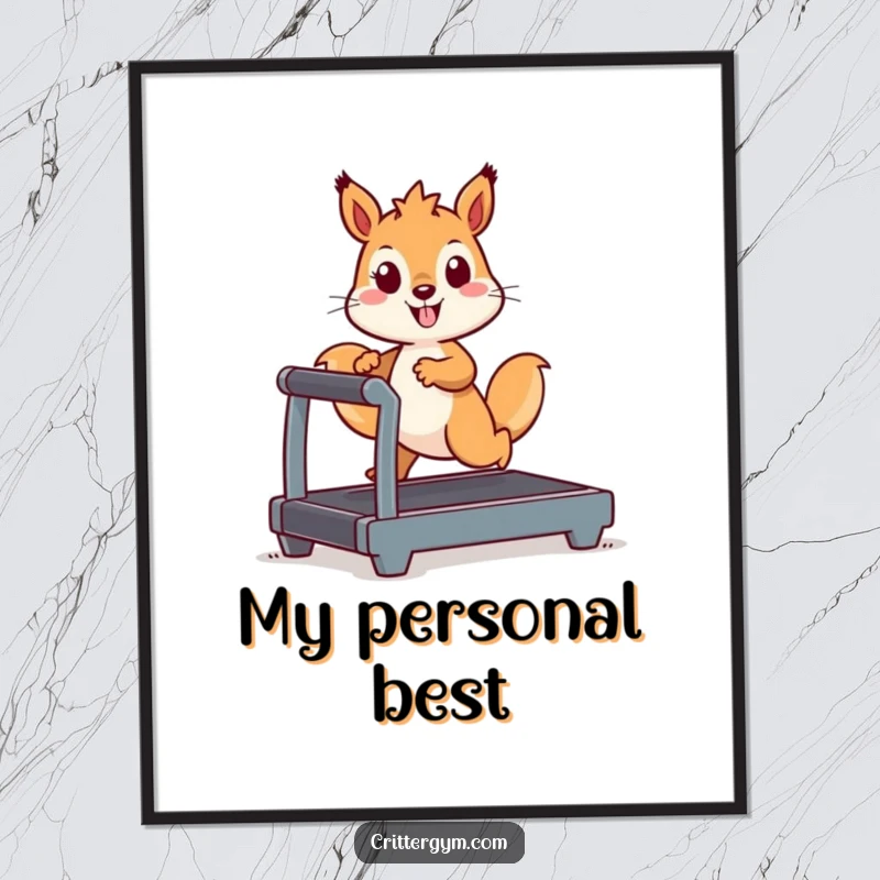 Funny Kawaii squirrel character running on a tiny treadmill, humorous digital art print for instant wall decor.