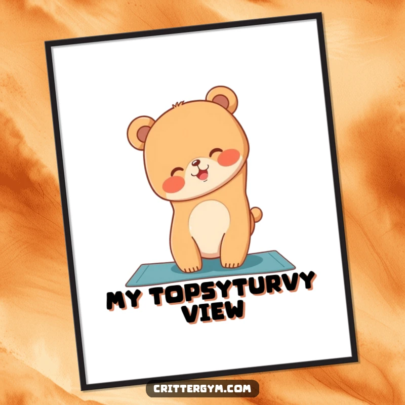 Funny bear cub attempting a handstand on a yoga mat, available as a digital art print, a funny gift.