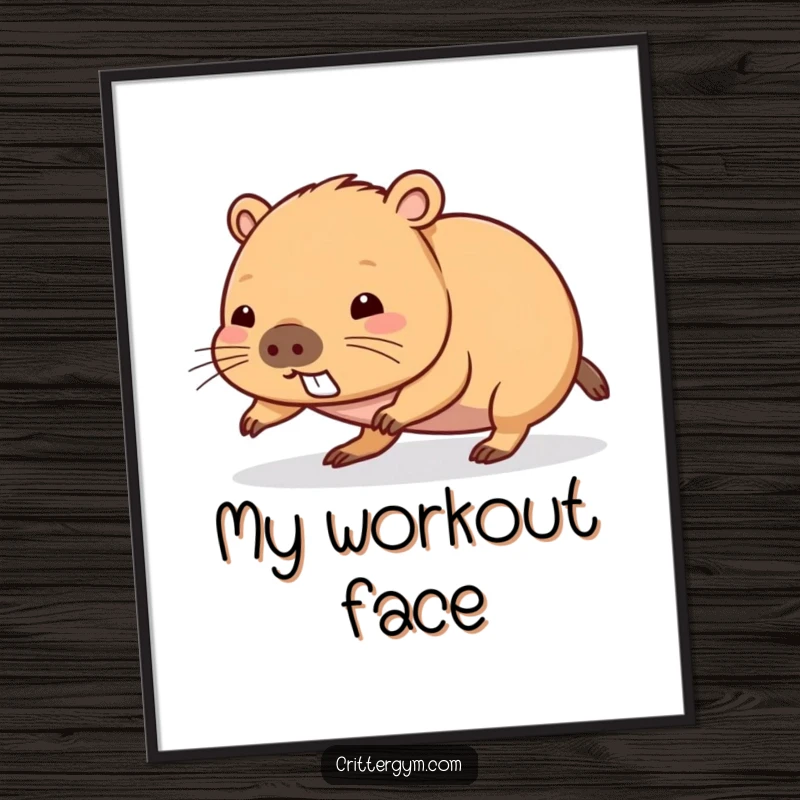 Funny kawaii capybara character attempting a push-up, as a printable digital art file, perfect funny gift.
