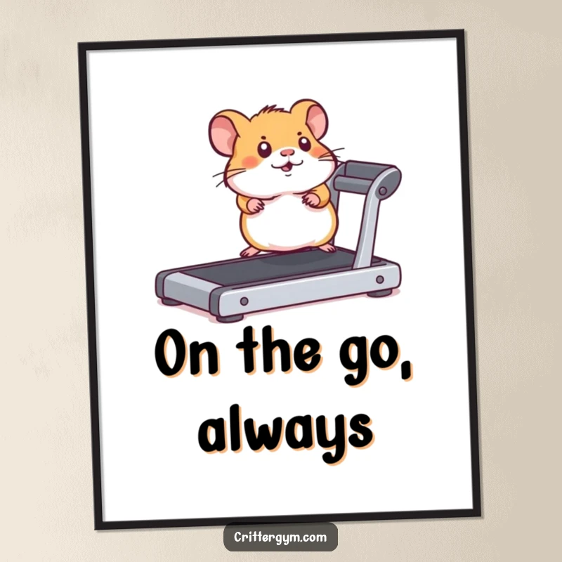 Funny, determined hamster running with full power on a miniature treadmill, depicted in a vibrant digital art print.