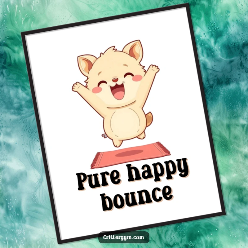 Funny Art Print: A fluffy animal character bounces enthusiastically on a tiny yoga mat, grinning widely, a humorous wellness scene.