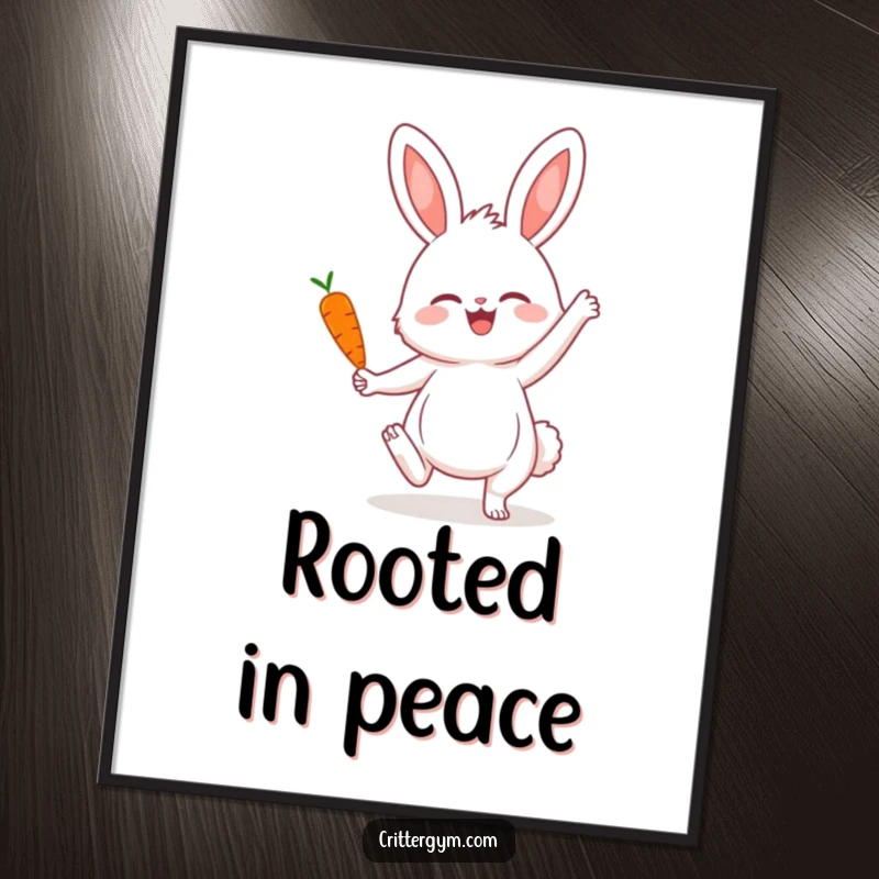 Funny digital art print of a fluffy bunny performing a yoga pose and balancing a miniature carrot, offering instant visual humor and charm.