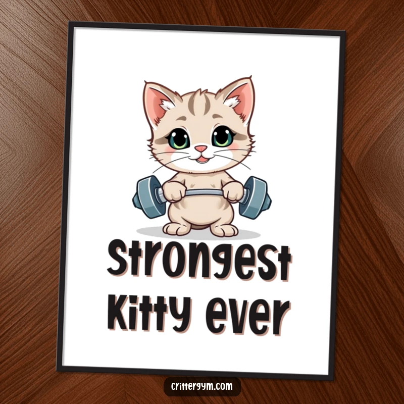 Funny proud kitten flexing after lifting tiny weights, available as a digital art print, a funny gift.