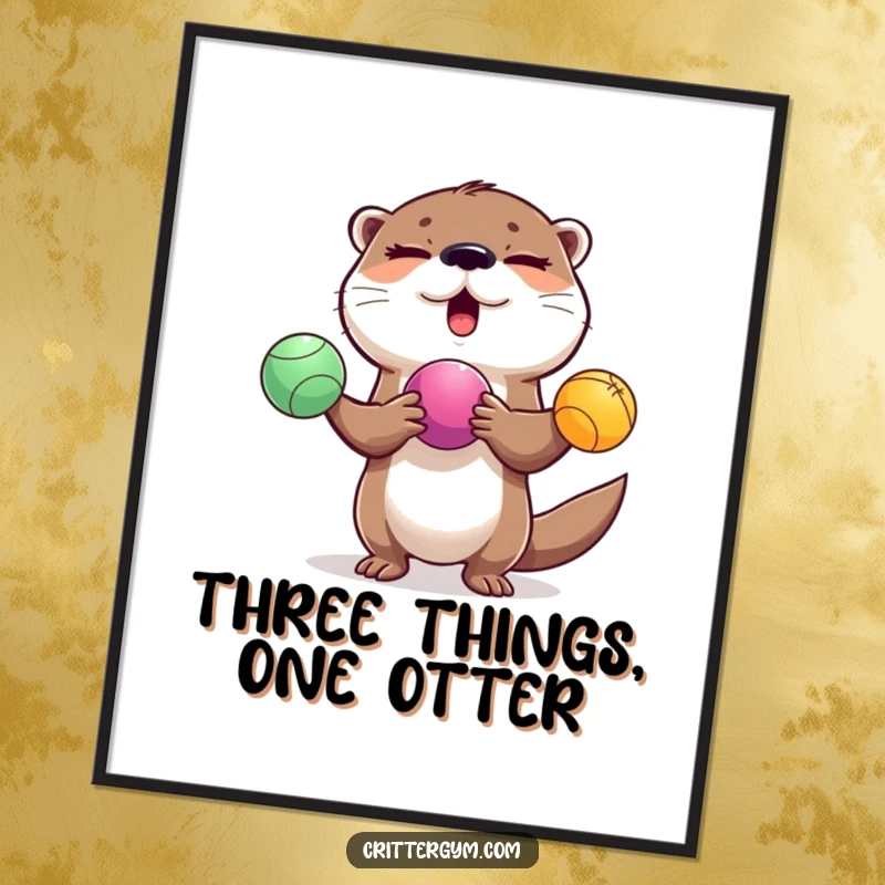 Funny winking otter juggling colorful exercise balls, available as a digital art print, a funny gift.