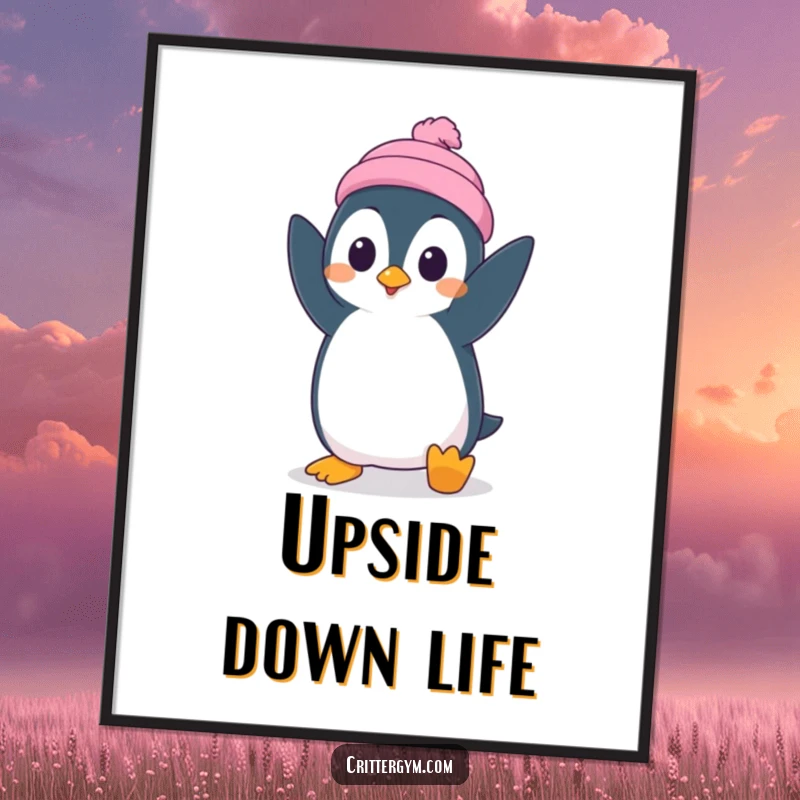 Funny digital art print of a silly penguin character attempting a handstand with surprised concentration, capturing a humorous moment.