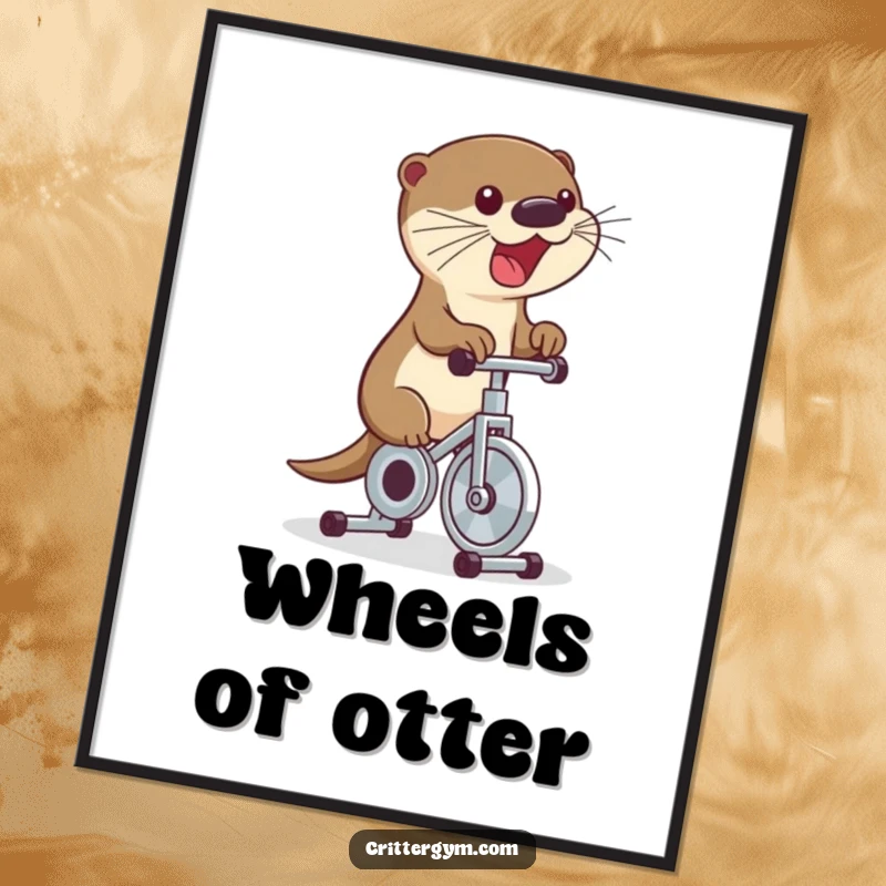 Funny digital art print of a cute otter excitedly riding a tiny exercise bike, pedaling rapidly, a humorous and energetic piece.