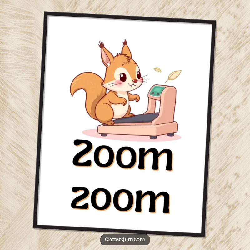 Funny squirrel digital canvas art showing a squirrel comically attempting to run on a tiny treadmill, chasing stray feathers with hilarious determination.