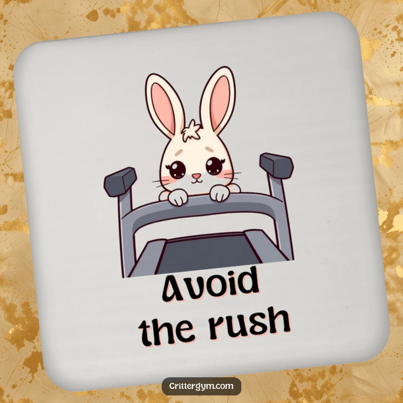 Funny Nervous Rabbit Coasters: A nervous rabbit peeks over a treadmill, protecting surfaces with humor.