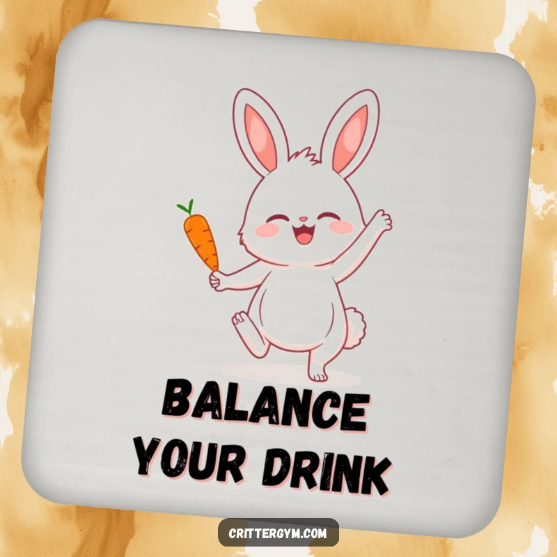 Funny drink coaster with a fluffy bunny in a balanced yoga pose, holding a tiny carrot, protecting tables with a humorous and charming illustration.