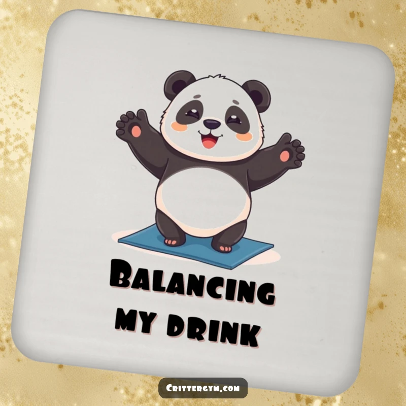 Funny chubby panda coaster, happily doing a headstand on a yoga mat, for table protection, humorous funny gift.