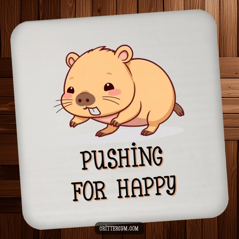 Funny kawaii capybara character doing a push-up on a protective drink coaster, a cute funny gift.