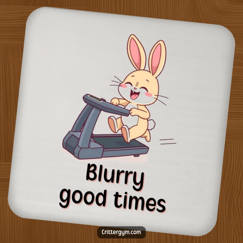 Funny drink coaster showing a giggling bunny sprinting on a treadmill, ears flapping, adding humor to tabletops.