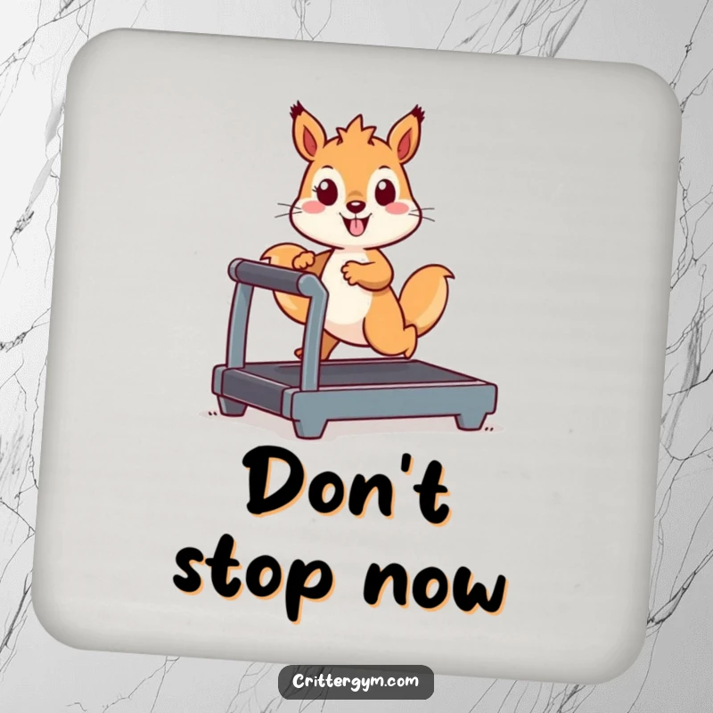 Funny Kawaii squirrel character on a miniature treadmill, a humorous and protective drink coaster for tables.