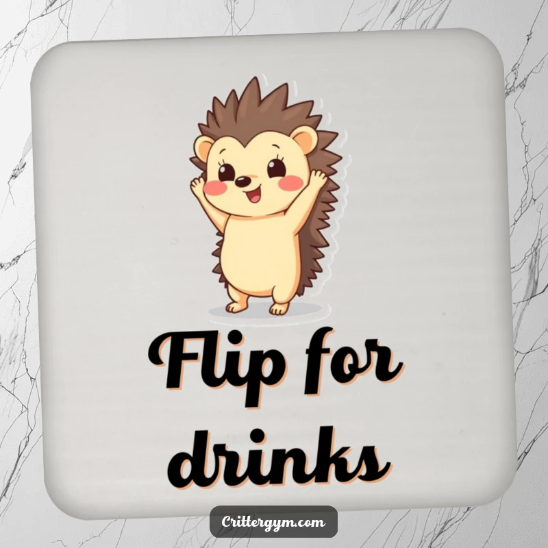 Funny Hedgehog Coaster: A happy hedgehog character performs a handstand with quills pointing upwards, adding charm to drinks.