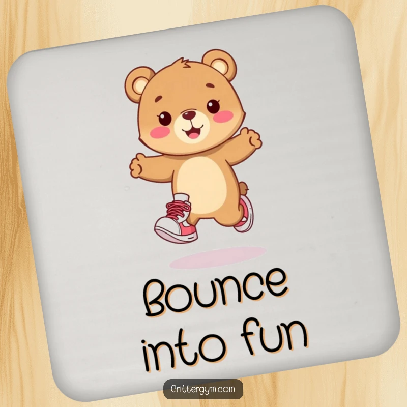 Funny drink coaster with a happy bear cub character in sneakers doing a playful hop. Adds charm and protects furniture.