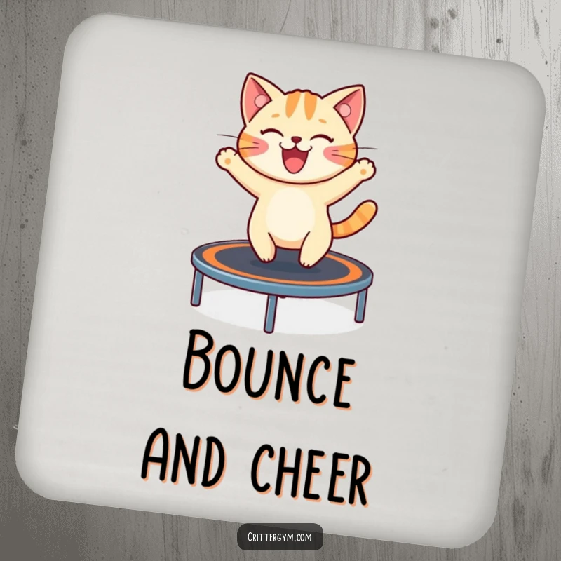Funny coasters depicting a cheerful cat excitedly bouncing on a miniature trampoline, protecting surfaces with feline fun.