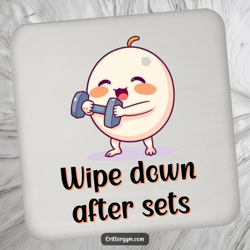 Funny Coaster: A tiny, round creature with rosy cheeks lifts a small dumbbell, showcasing humor in effort.