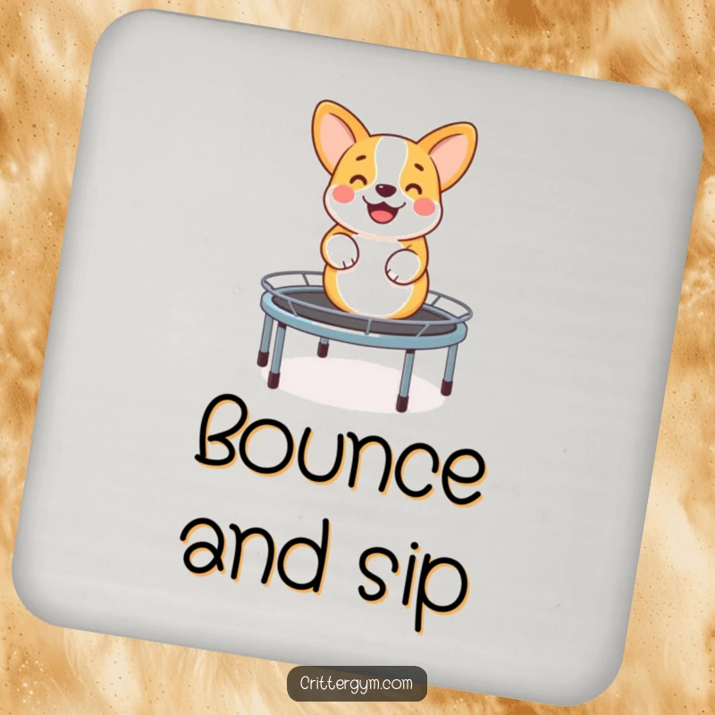 Funny coasters featuring a happy corgi bouncing on a miniature trampoline, protecting tables with a dose of canine cheer.